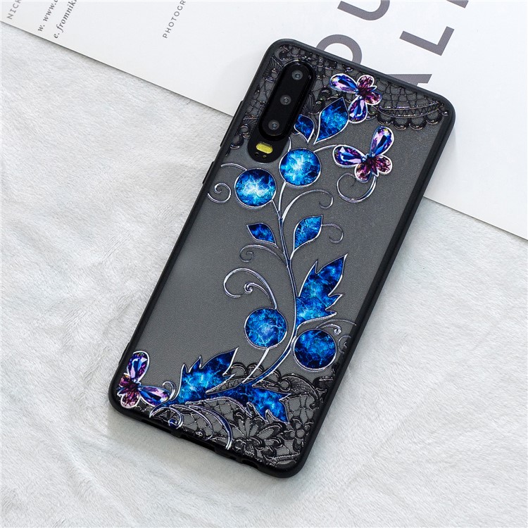Lace Embossment Pattern PC TPU Hybrid Cover for Huawei P30 - Butterfly and Floret-1