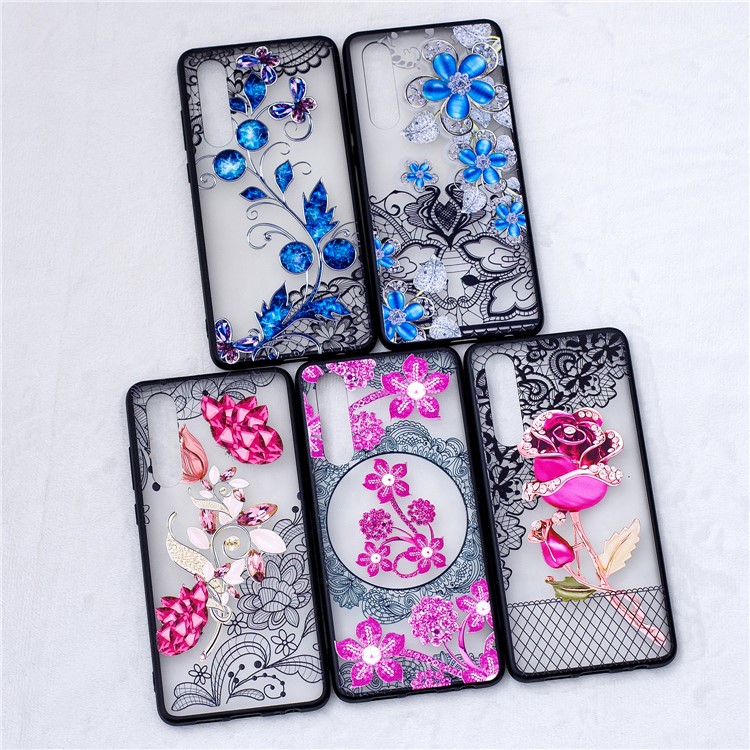 Lace Embossment Pattern PC TPU Hybrid Cover for Huawei P30 - Butterfly and Floret-5