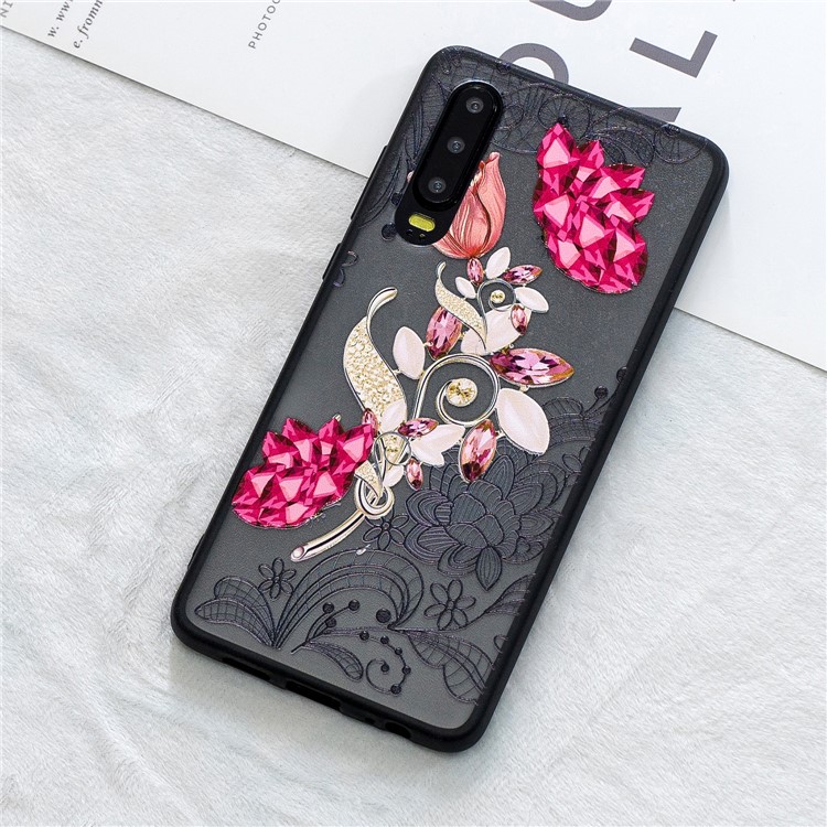 Lace Embossment Pattern PC TPU Hybrid Cover for Huawei P30 - Vivid Flower-1