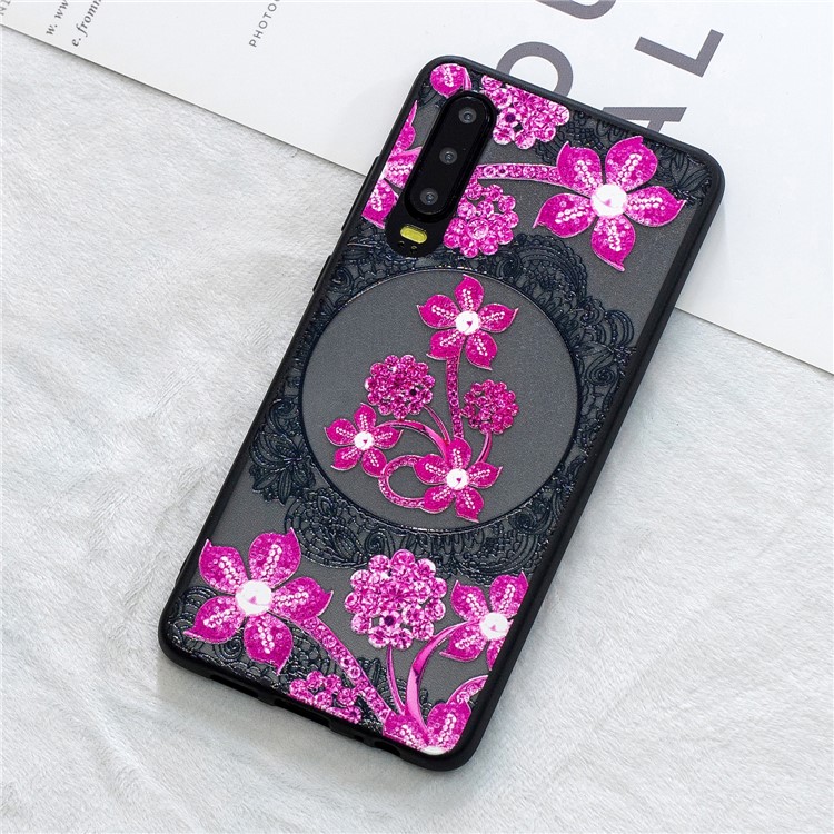 Lace Embossment Pattern PC TPU Hybrid Cover for Huawei P30 - Pink Flower-1