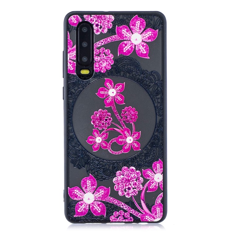 Lace Embossment Pattern PC TPU Hybrid Cover for Huawei P30 - Pink Flower-2