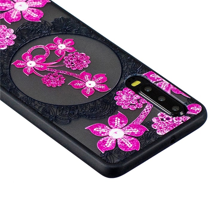 Lace Embossment Pattern PC TPU Hybrid Cover for Huawei P30 - Pink Flower-4