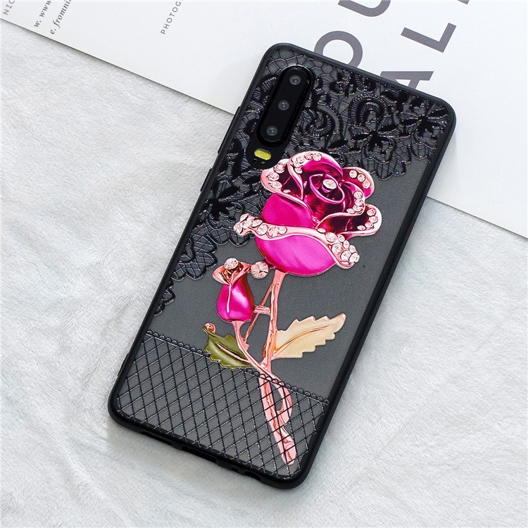 Lace Embossment Pattern PC TPU Hybrid Cover for Huawei P30 - Rose-1