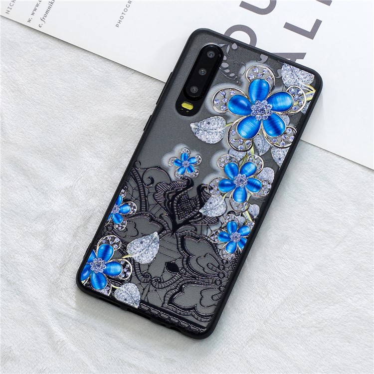Lace Embossment Pattern PC TPU Hybrid Cover for Huawei P30 - Blue Flower-1