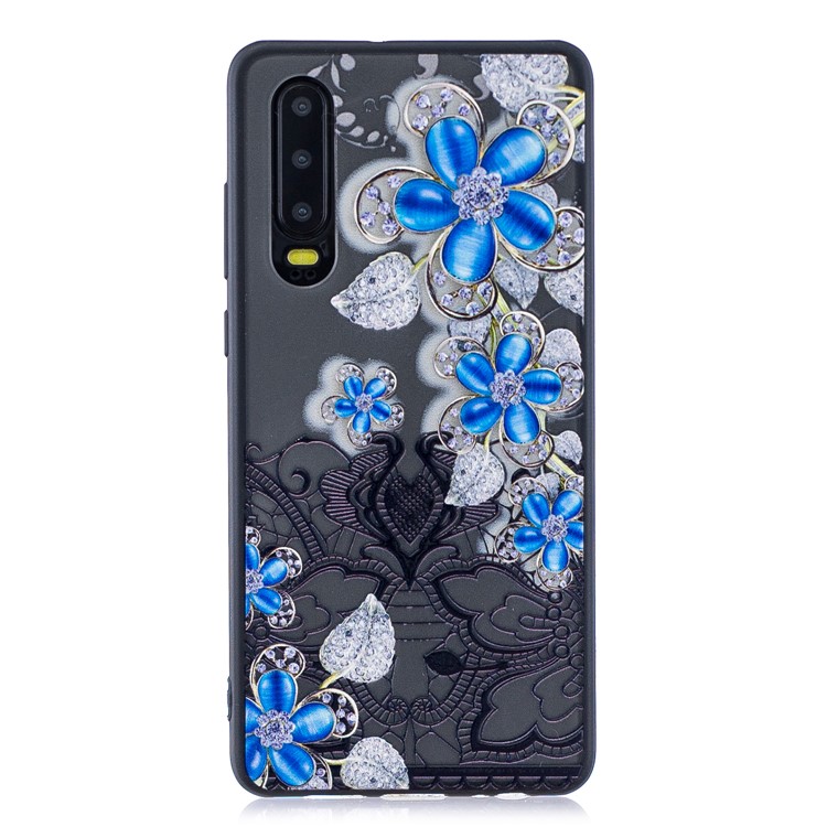 Lace Embossment Pattern PC TPU Hybrid Cover for Huawei P30 - Blue Flower-2