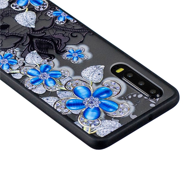 Lace Embossment Pattern PC TPU Hybrid Cover for Huawei P30 - Blue Flower-4