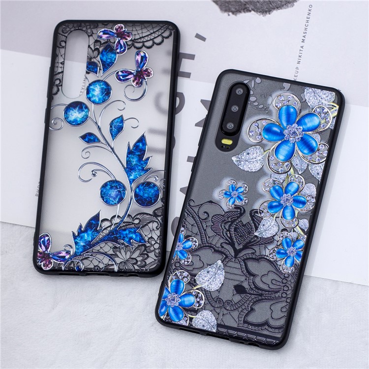 Lace Embossment Pattern PC TPU Hybrid Cover for Huawei P30 - Blue Flower-5