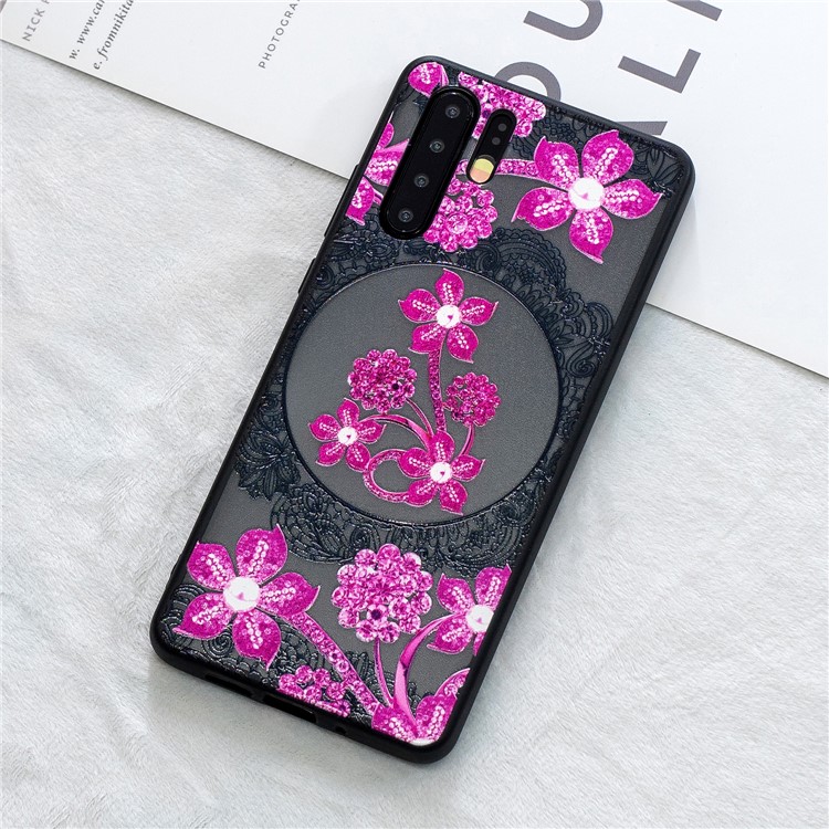 Lace Embossment Pattern PC TPU Hybrid Case for Huawei P30 Pro - Pink Flower-1
