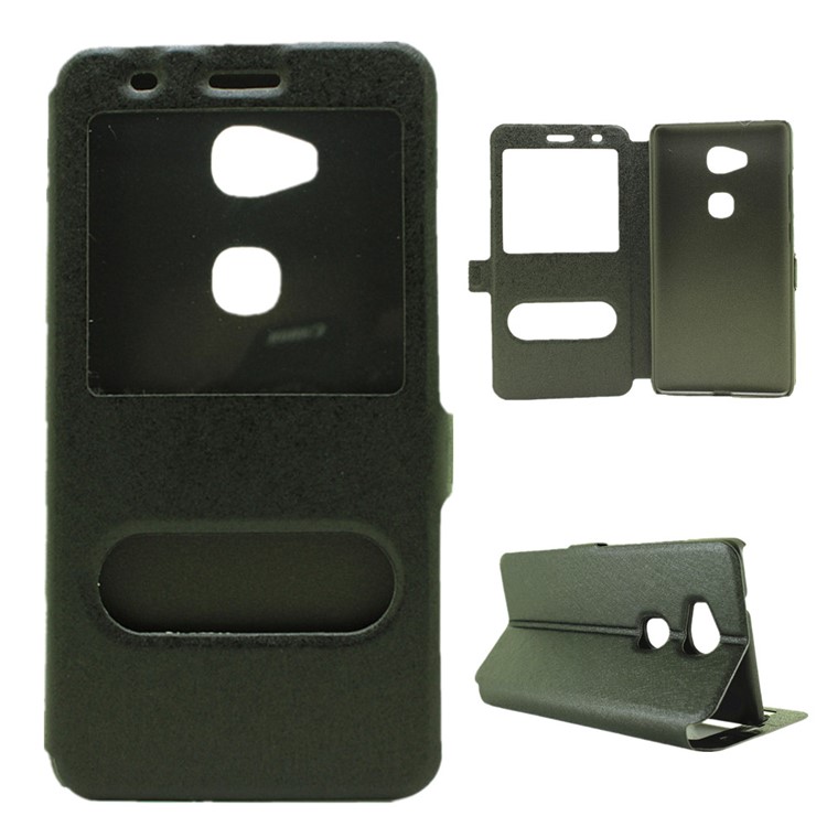 Silk Grain Dual Window Stand Leather Case for Huawei Honor Play 5X/Honor 5X - Black-1