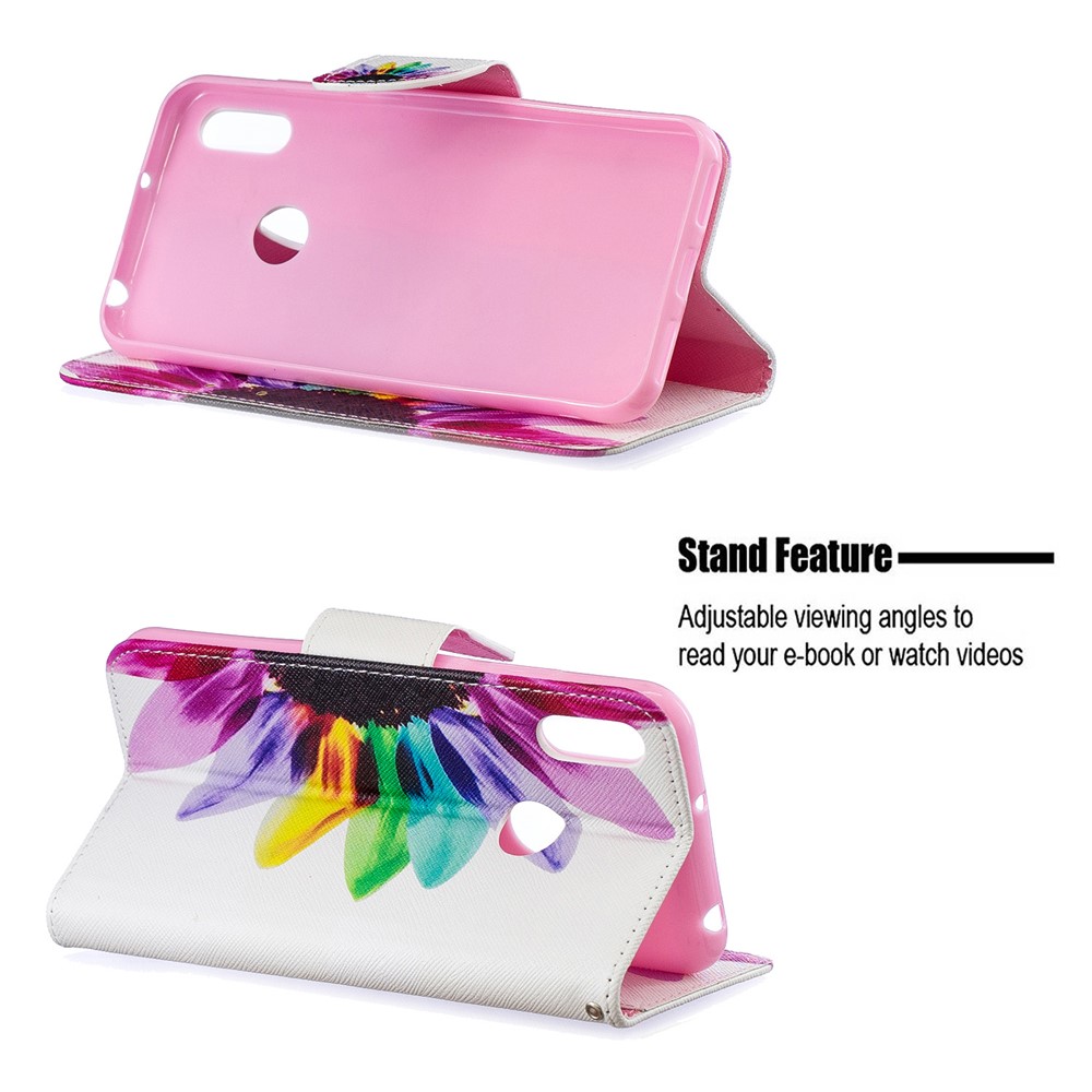 Stampa Motivi PU Flip Stand Gust Per Huawei Y6 (2019, Con Sensore di Impronte Digitali) / Y6 Prime (2019) - Pattern Petali