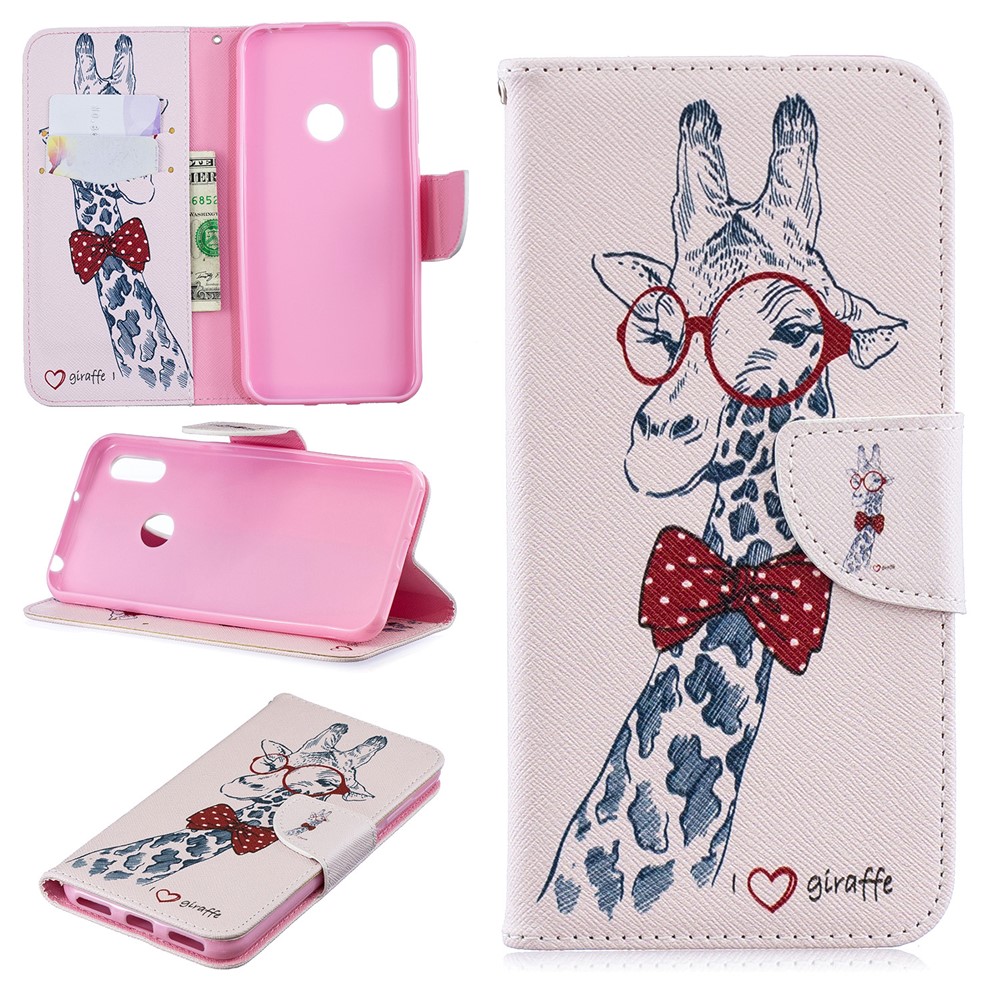 Padrão De Impressão PU Couro Flip Stand Shell Para Y6 (2019) / Y6 Pro (2019) / Y6 Prime (2019) - Girafa Usando Óculos-1