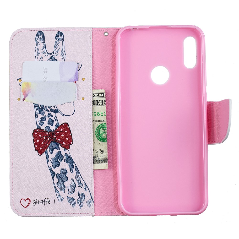 Impression de Motif en Cuir PU Flip Stand Shell Pour Huawei Y6 (2019, Avec Capteur D'empreintes Digitales) / Y6 Prime (2019) - Girafe Portant Des Lunettes-10