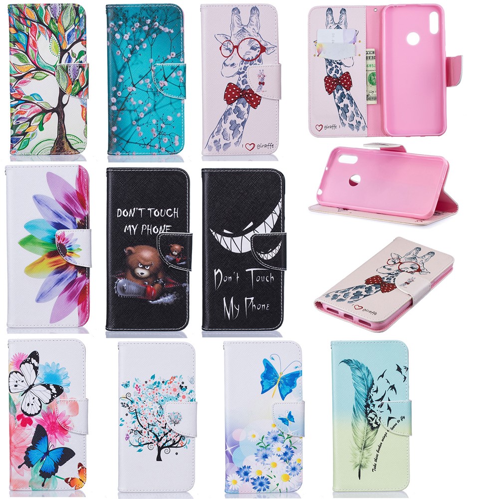Padrão De Impressão PU Couro Flip Stand Shell Para Y6 (2019) / Y6 Pro (2019) / Y6 Prime (2019) - Girafa Usando Óculos-11
