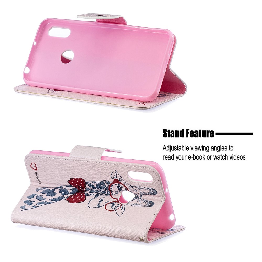 Padrão De Impressão PU Couro Flip Stand Shell Para Y6 (2019) / Y6 Pro (2019) / Y6 Prime (2019) - Girafa Usando Óculos-2