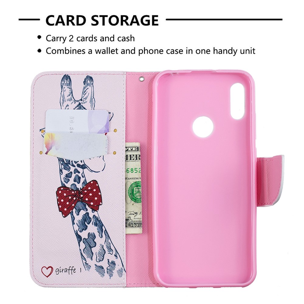 Impression de Motif en Cuir PU Flip Stand Shell Pour Huawei Y6 (2019, Avec Capteur D'empreintes Digitales) / Y6 Prime (2019) - Girafe Portant Des Lunettes-3