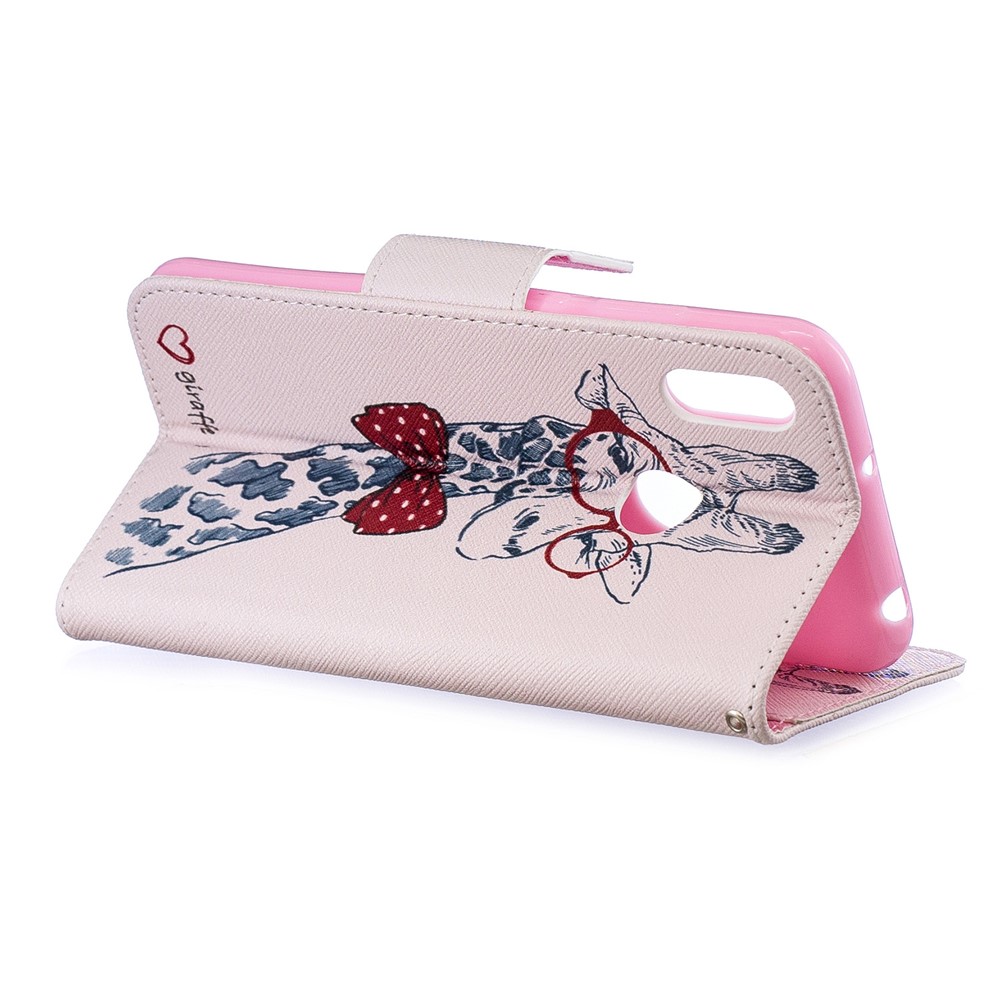 Padrão De Impressão PU Couro Flip Stand Shell Para Y6 (2019) / Y6 Pro (2019) / Y6 Prime (2019) - Girafa Usando Óculos-6