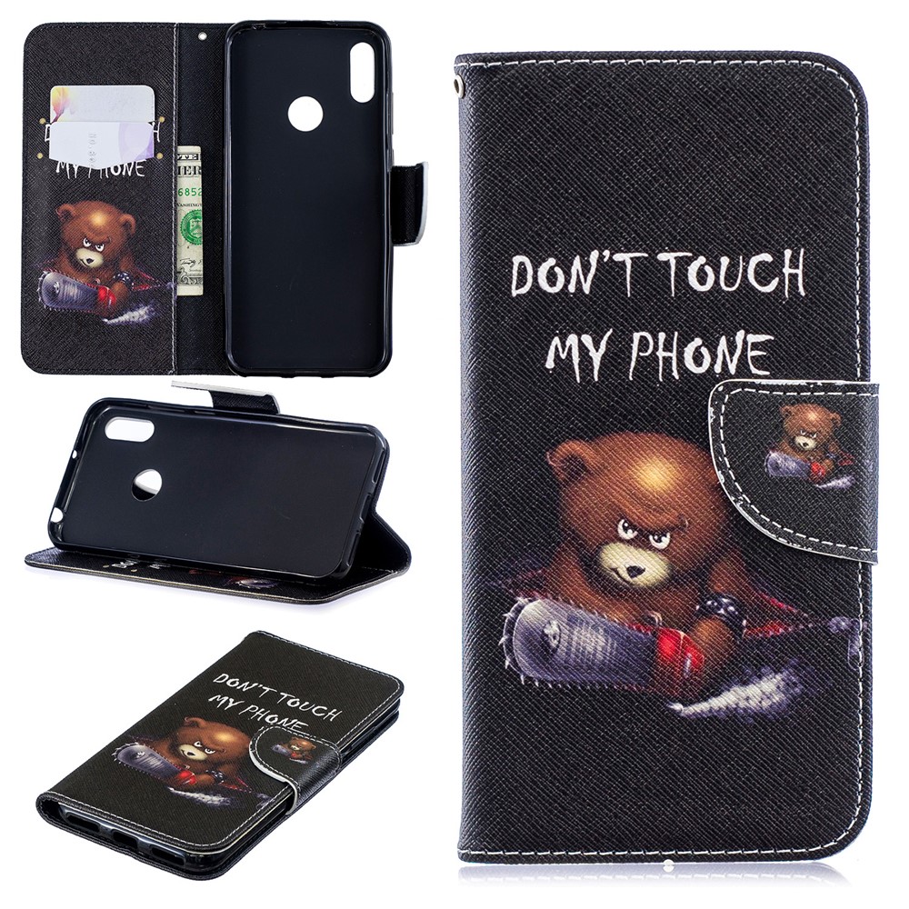 Pattern Printing PU Leather Flip Stand Shell for Huawei Y6 (2019, with Fingerprint Sensor) / Y6 Prime (2019) - Bear And Its Warnings-1