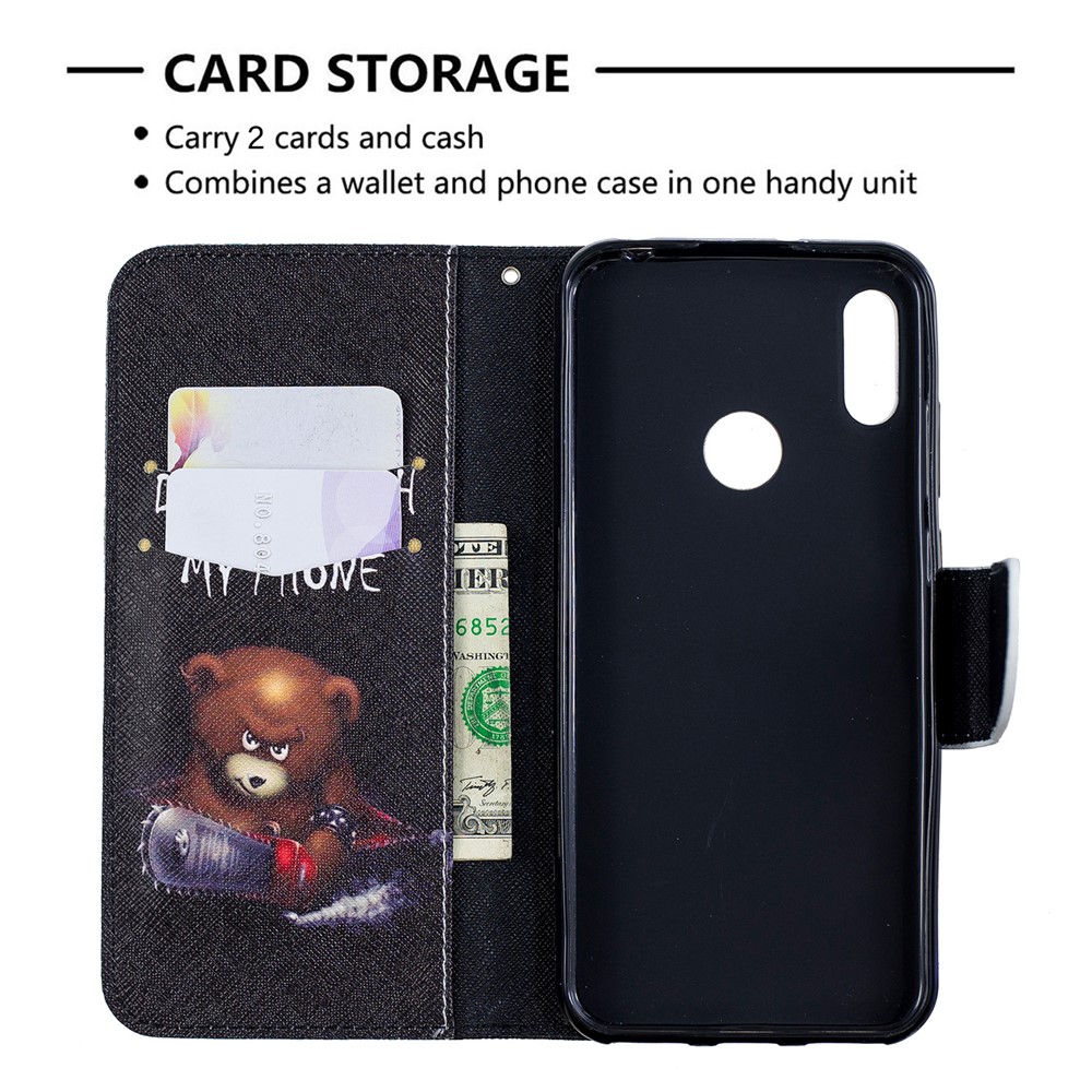 Pattern Printing PU Leather Flip Stand Shell for Huawei Y6 (2019, with Fingerprint Sensor) / Y6 Prime (2019) - Bear And Its Warnings-3