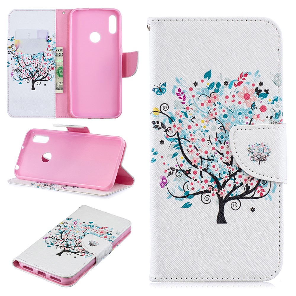 Pattern Printing PU Leather Flip Stand Shell for Huawei Y6 (2019, with Fingerprint Sensor) / Y6 Prime (2019) - Flowered Tree-1