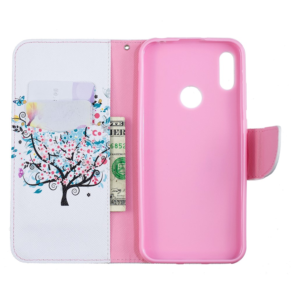 Pattern Printing PU Leather Flip Stand Shell for Huawei Y6 (2019, with Fingerprint Sensor) / Y6 Prime (2019) - Flowered Tree-10