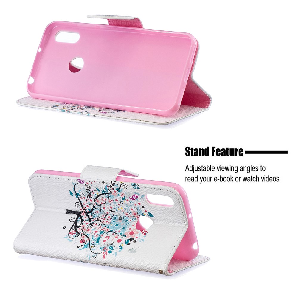 Pattern Printing PU Leather Flip Stand Shell for Huawei Y6 (2019, with Fingerprint Sensor) / Y6 Prime (2019) - Flowered Tree-2