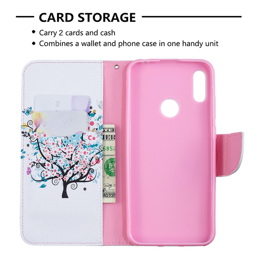 Pattern Printing PU Leather Flip Stand Shell for Huawei Y6 (2019, with Fingerprint Sensor) / Y6 Prime (2019) - Flowered Tree-3