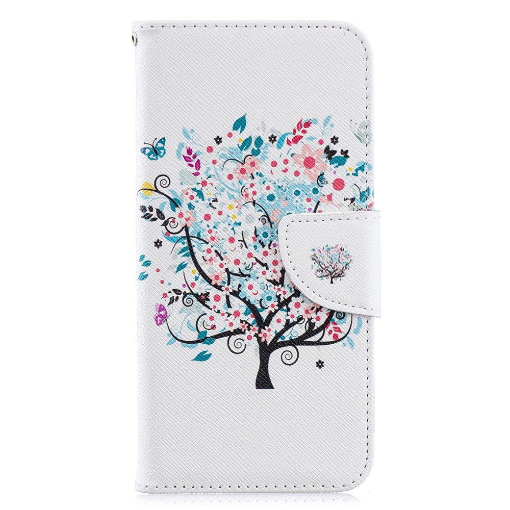 Pattern Printing PU Leather Flip Stand Shell for Huawei Y6 (2019, with Fingerprint Sensor) / Y6 Prime (2019) - Flowered Tree-4