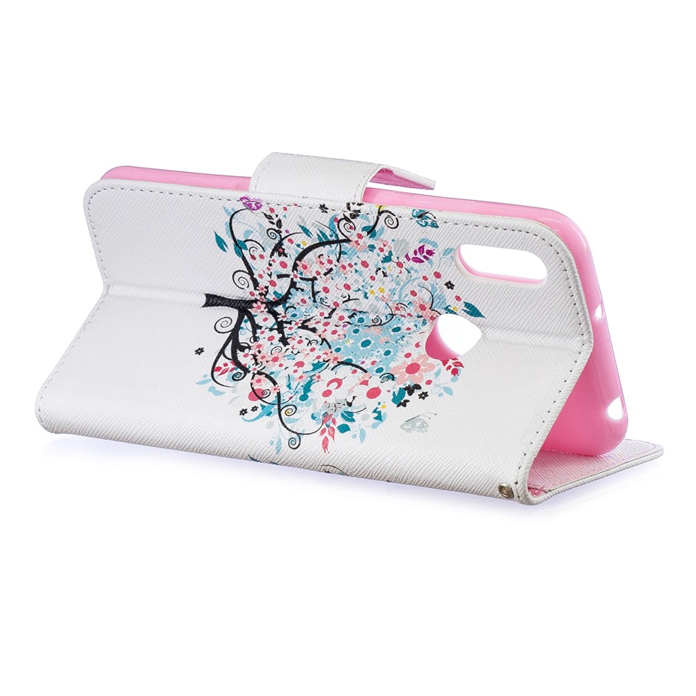 Pattern Printing PU Leather Flip Stand Shell for Huawei Y6 (2019, with Fingerprint Sensor) / Y6 Prime (2019) - Flowered Tree-6