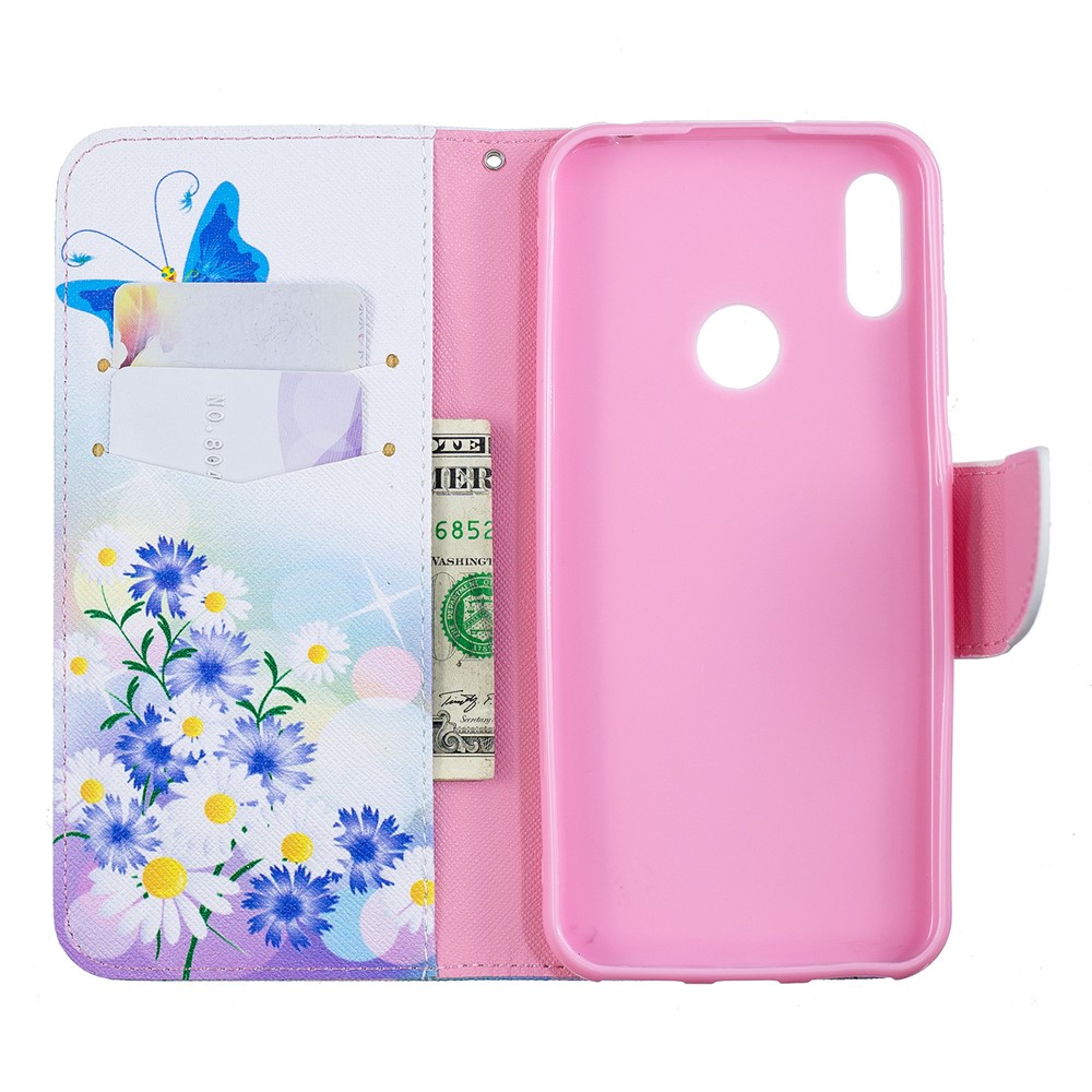 Musterdruck PU Leder Flip Stand Shell Für Huawei Y6 (2019, Mit Fingerabdrucksensor) / Y6 Prime (2019) - Blaue Schmetterlinge