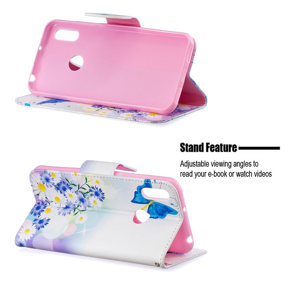 Stampa Motivi PU Flip Stand Gust Per Huawei Y6 (2019, Con Sensore di Impronte Digitali) / Y6 Prime (2019) - Farfalle Blu