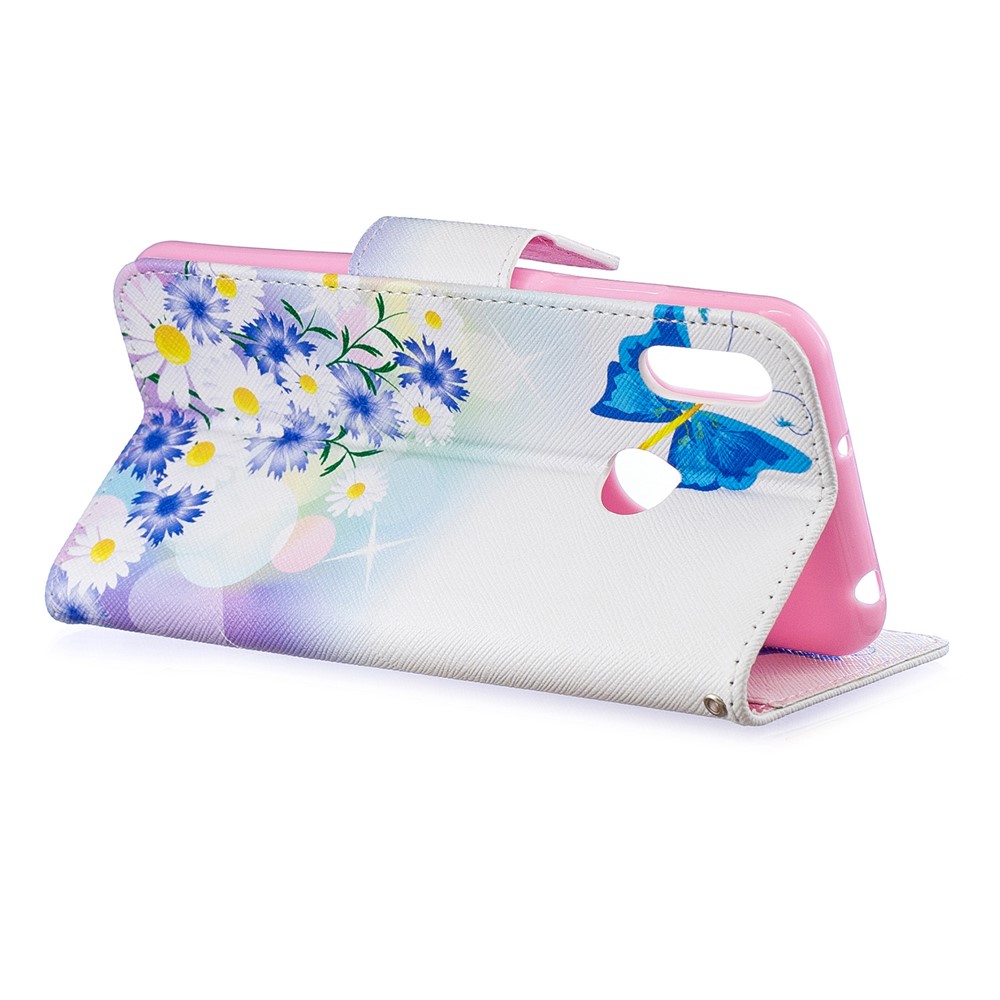 Stampa Motivi PU Flip Stand Gust Per Huawei Y6 (2019, Con Sensore di Impronte Digitali) / Y6 Prime (2019) - Farfalle Blu