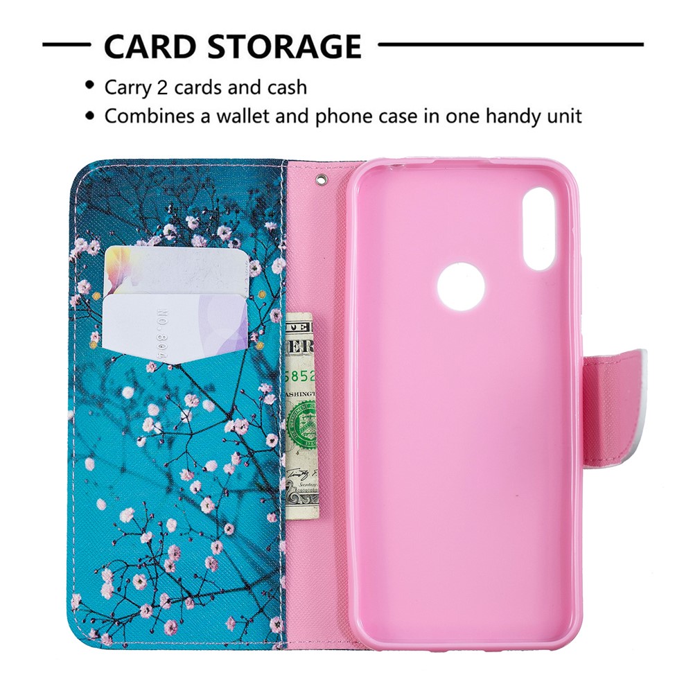Pattern Printing PU Leather Flip Stand Shell for Huawei Y6 (2019, with Fingerprint Sensor) / Y6 Prime (2019) - Tree with Flowers-3