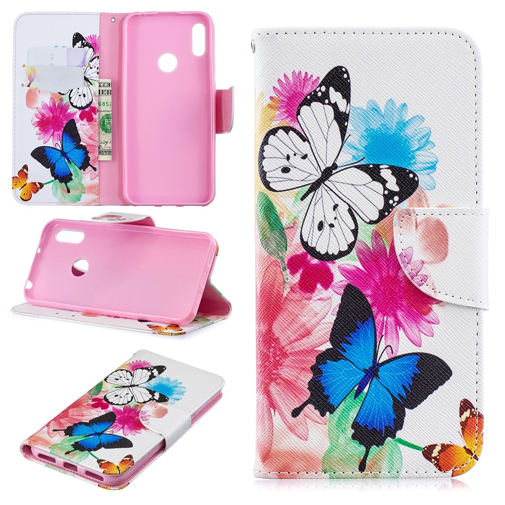 Pattern Printing PU Leather Flip Stand Shell for Huawei Y6 (2019, with Fingerprint Sensor) / Y6 Prime (2019) - Butterflies and Flowers-1