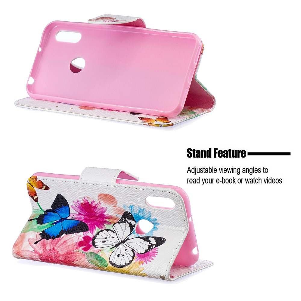 Pattern Printing PU Leather Flip Stand Shell for Huawei Y6 (2019, with Fingerprint Sensor) / Y6 Prime (2019) - Butterflies and Flowers-2