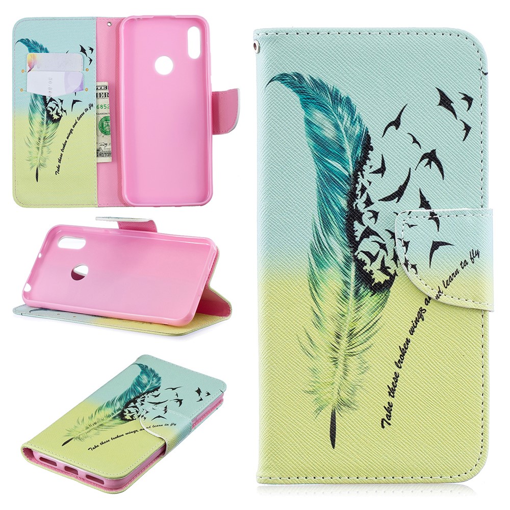Pattern Printing PU Leather Flip Stand Shell for Huawei Y6 (2019, with Fingerprint Sensor) / Y6 Prime (2019) - Feather Pattern-1