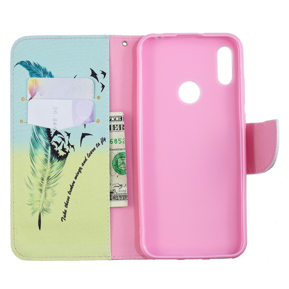Pattern Printing PU Leather Flip Stand Shell for Huawei Y6 (2019, with Fingerprint Sensor) / Y6 Prime (2019) - Feather Pattern-10