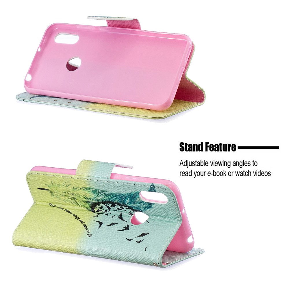 Pattern Printing PU Leather Flip Stand Shell for Huawei Y6 (2019, with Fingerprint Sensor) / Y6 Prime (2019) - Feather Pattern-2