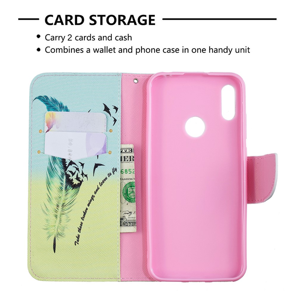 Pattern Printing PU Leather Flip Stand Shell for Huawei Y6 (2019, with Fingerprint Sensor) / Y6 Prime (2019) - Feather Pattern-3