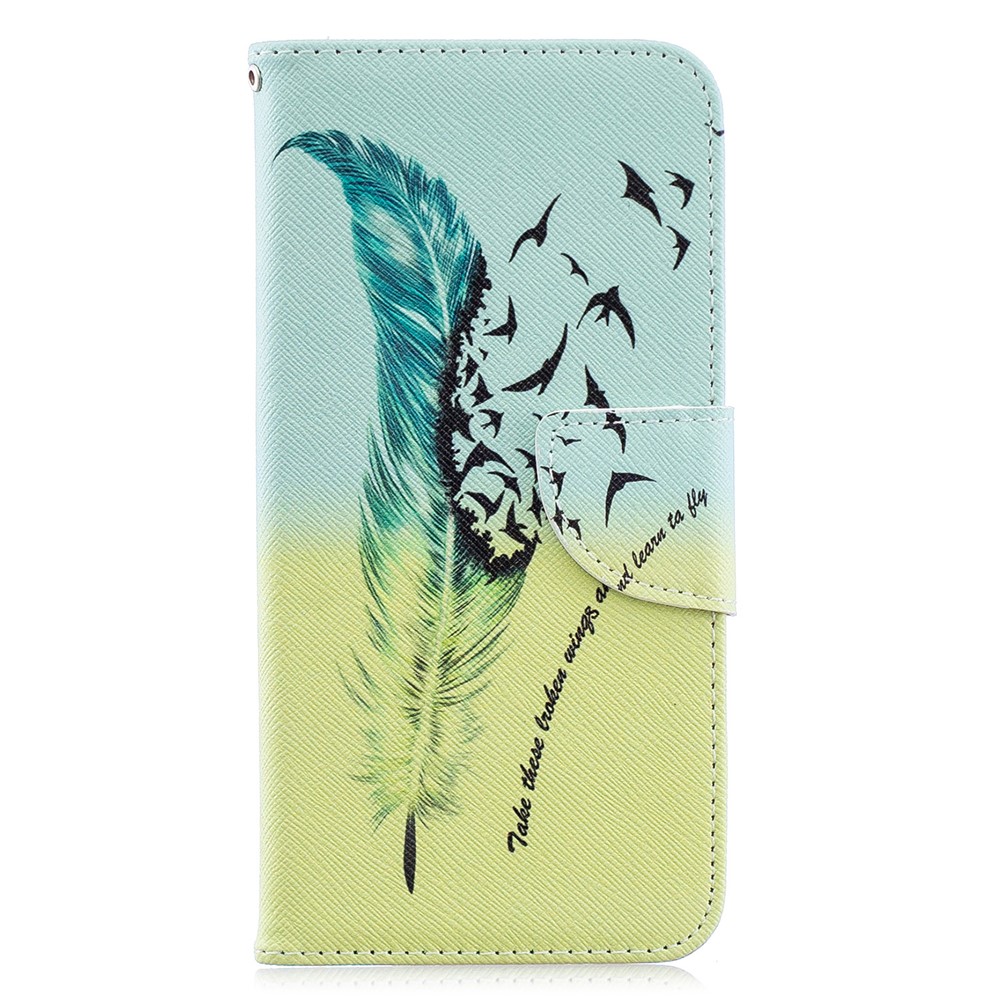 Pattern Printing PU Leather Flip Stand Shell for Huawei Y6 (2019, with Fingerprint Sensor) / Y6 Prime (2019) - Feather Pattern-4