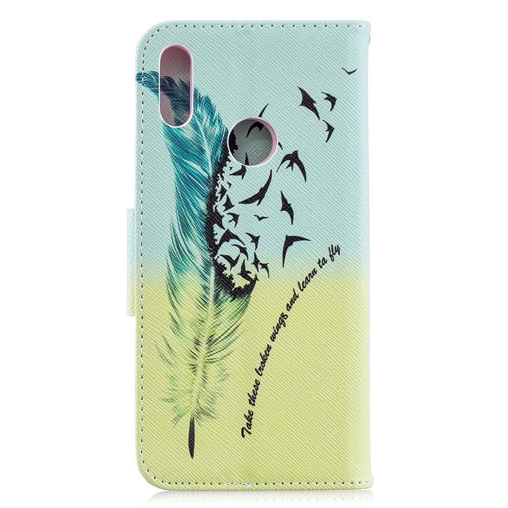 Pattern Printing PU Leather Flip Stand Shell for Huawei Y6 (2019, with Fingerprint Sensor) / Y6 Prime (2019) - Feather Pattern-5