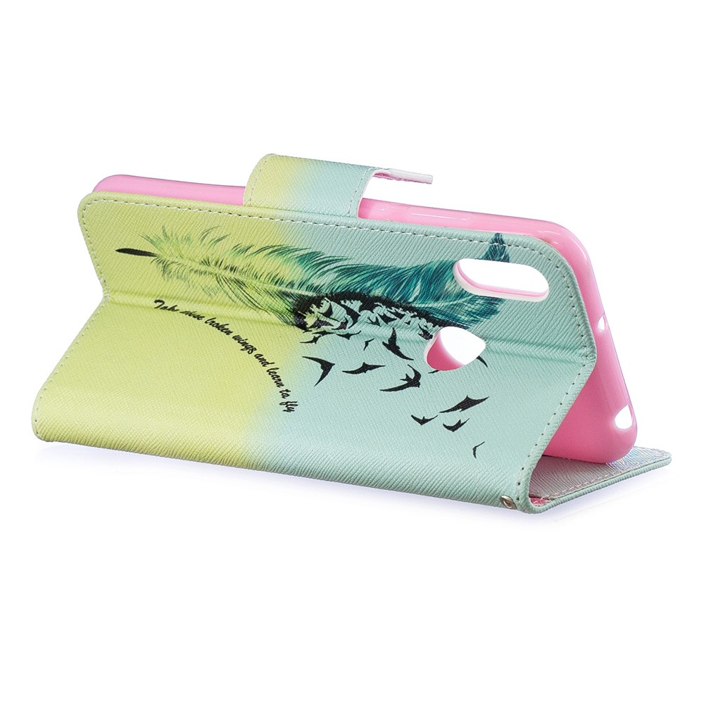 Pattern Printing PU Leather Flip Stand Shell for Huawei Y6 (2019, with Fingerprint Sensor) / Y6 Prime (2019) - Feather Pattern-6