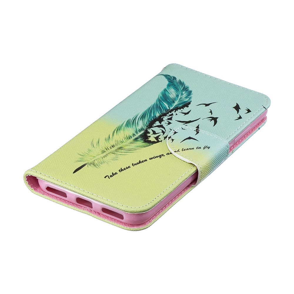 Pattern Printing PU Leather Flip Stand Shell for Huawei Y6 (2019, with Fingerprint Sensor) / Y6 Prime (2019) - Feather Pattern-8