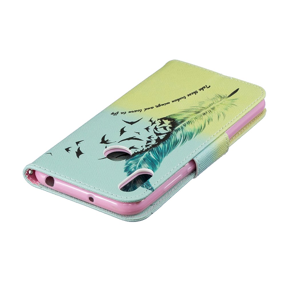 Pattern Printing PU Leather Flip Stand Shell for Huawei Y6 (2019, with Fingerprint Sensor) / Y6 Prime (2019) - Feather Pattern-9