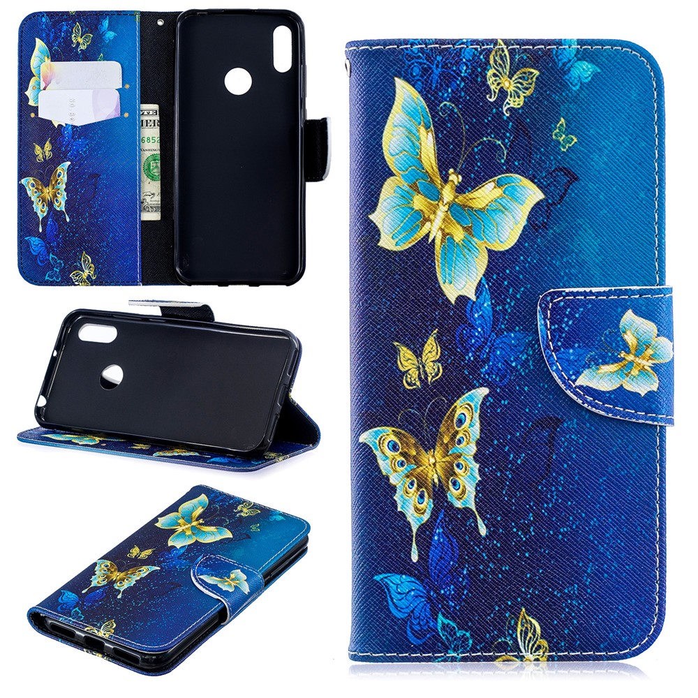 Pattern Printing PU Leather Wallet Mobile Phone Cover for Huawei Y6 (2019, with Fingerprint Sensor) / Y6 Prime (2019) - Blue Butterflies-1