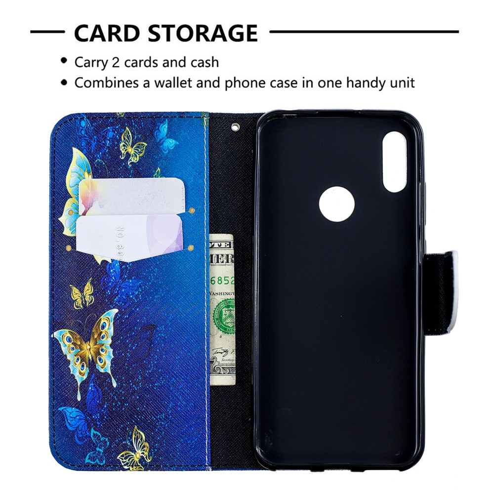 Pattern Printing PU Leather Wallet Mobile Phone Cover for Huawei Y6 (2019, with Fingerprint Sensor) / Y6 Prime (2019) - Blue Butterflies-3