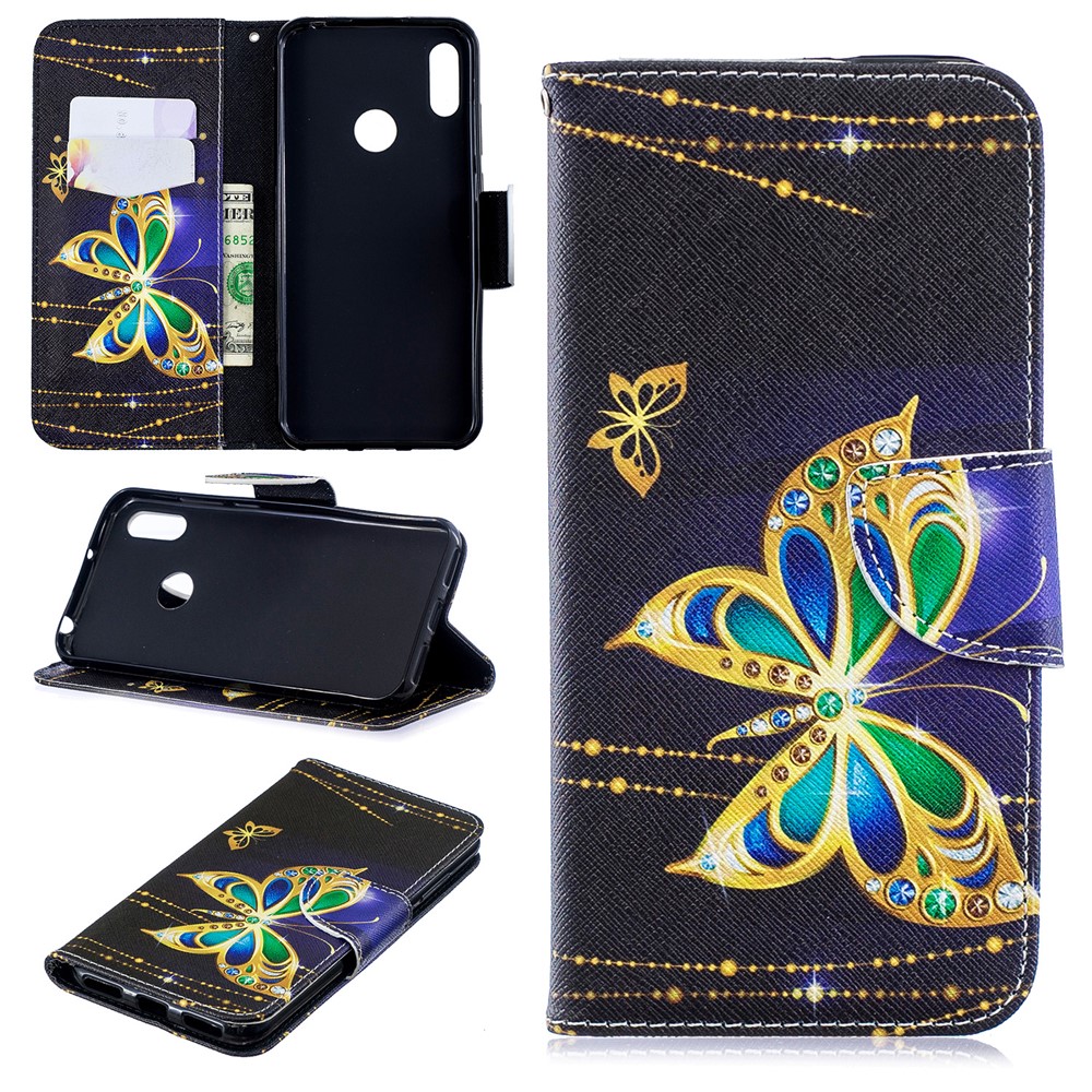 Pattern Printing PU Leather Wallet Mobile Phone Cover for Huawei Y6 (2019, with Fingerprint Sensor) / Y6 Prime (2019) - Butterfly with Diamond-1