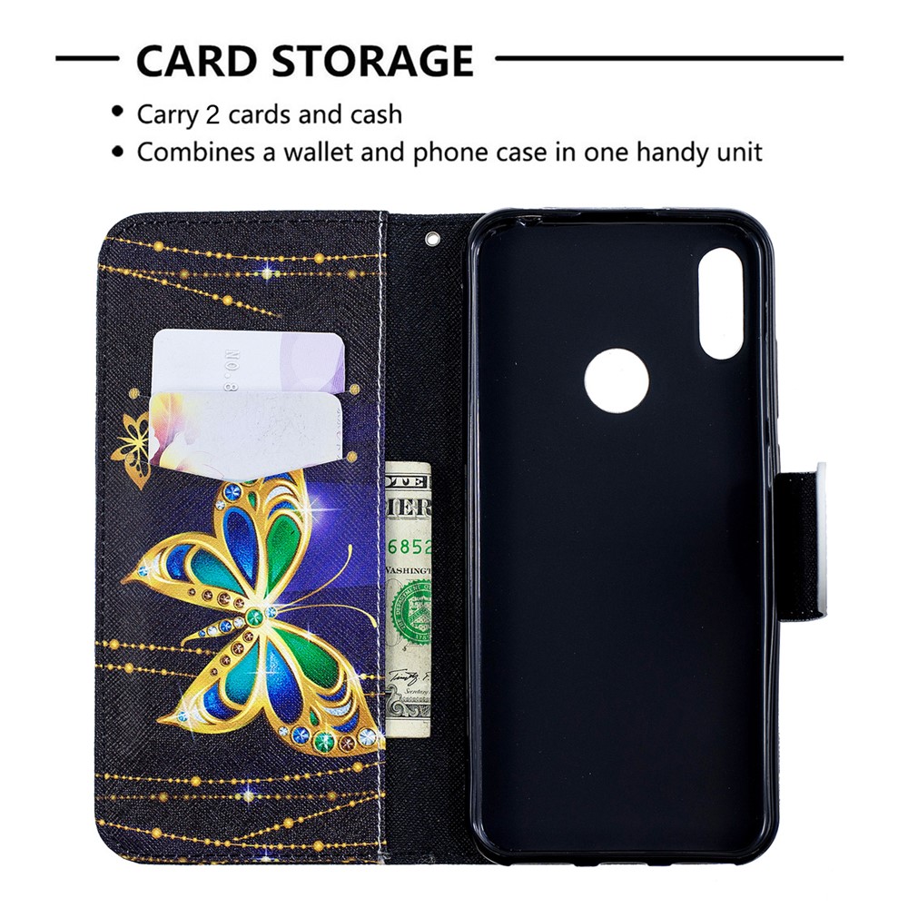 Pattern Printing PU Leather Wallet Mobile Phone Cover for Huawei Y6 (2019, with Fingerprint Sensor) / Y6 Prime (2019) - Butterfly with Diamond-3