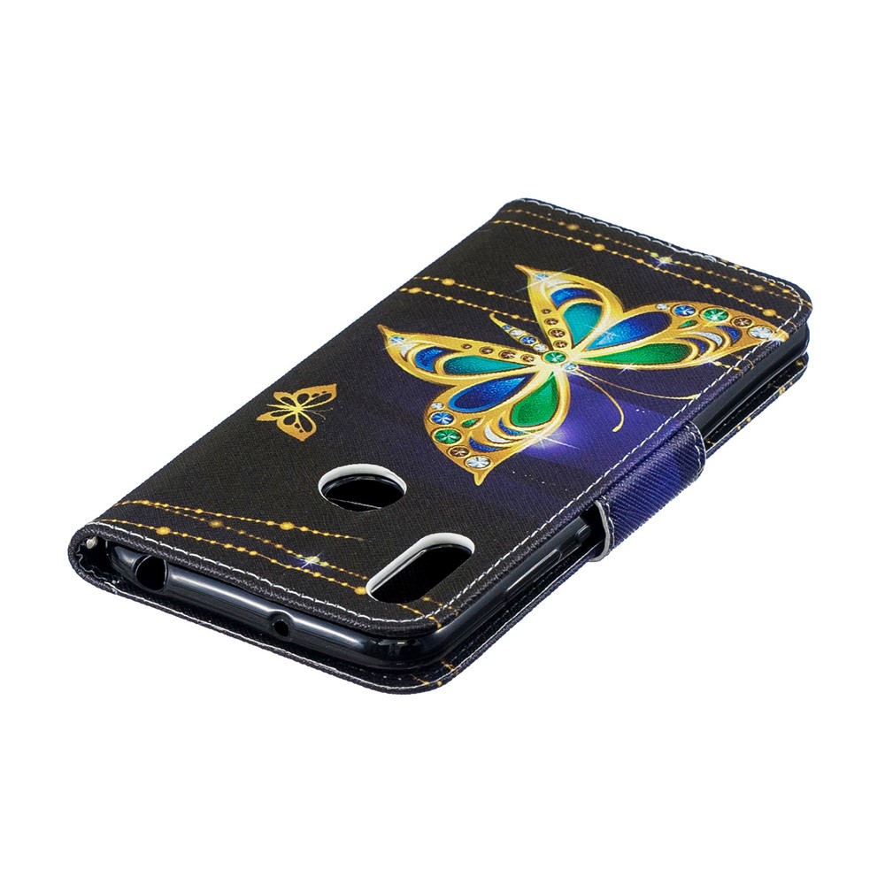 Pattern Printing PU Leather Wallet Mobile Phone Cover for Huawei Y6 (2019, with Fingerprint Sensor) / Y6 Prime (2019) - Butterfly with Diamond-9