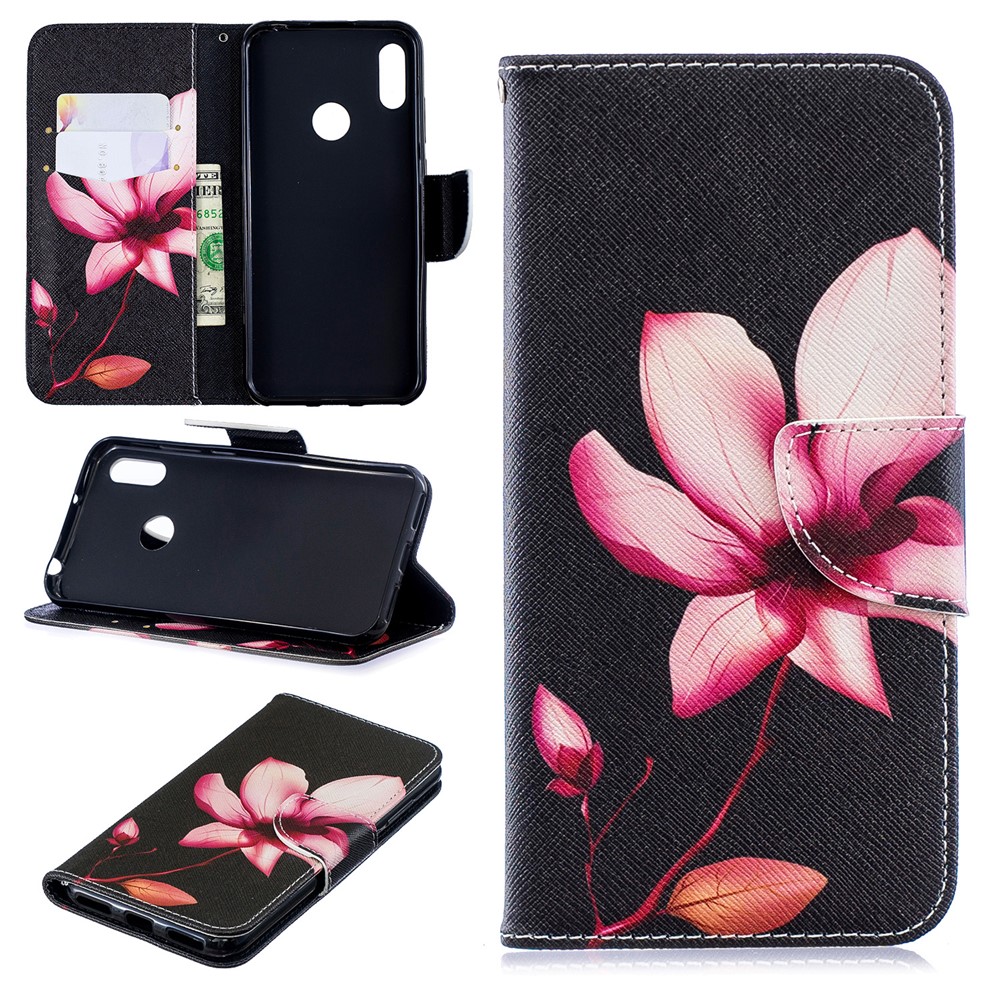 Pattern Printing PU Leather Wallet Mobile Phone Cover for Huawei Y6 (2019, with Fingerprint Sensor) / Y6 Prime (2019) - Flower Pattern-1