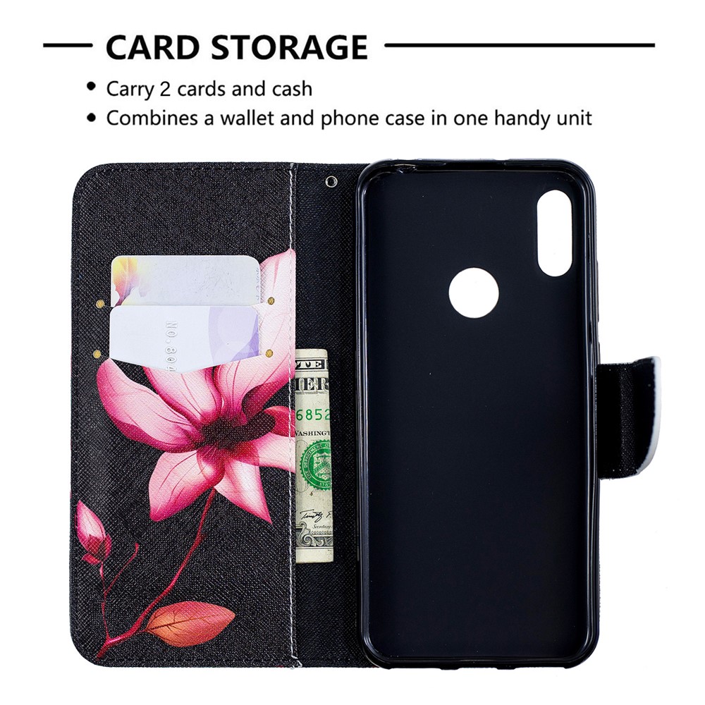 Pattern Printing PU Leather Wallet Mobile Phone Cover for Huawei Y6 (2019, with Fingerprint Sensor) / Y6 Prime (2019) - Flower Pattern-3